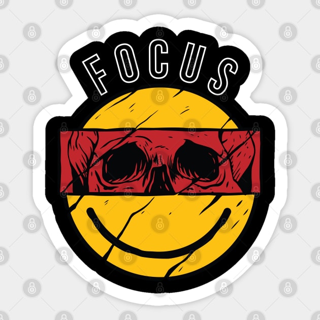 FOCUS smiley rad retro design with skull cut Sticker by A Comic Wizard